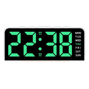 White case digital alarm clock with green digits and white weekday labels