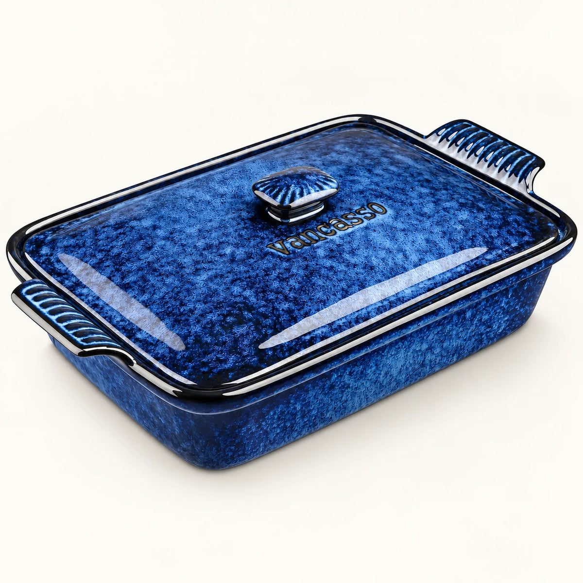Vancasso Starry Stoneware Casserole Dish on a warm off-white background with a soft natural shadow.