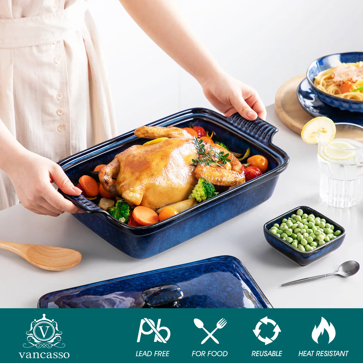 Essentials House Starry 3.8/1.9 Quart Blue Casserole Baking Dish large lasagna pan with lid Stoneware casserole with lid