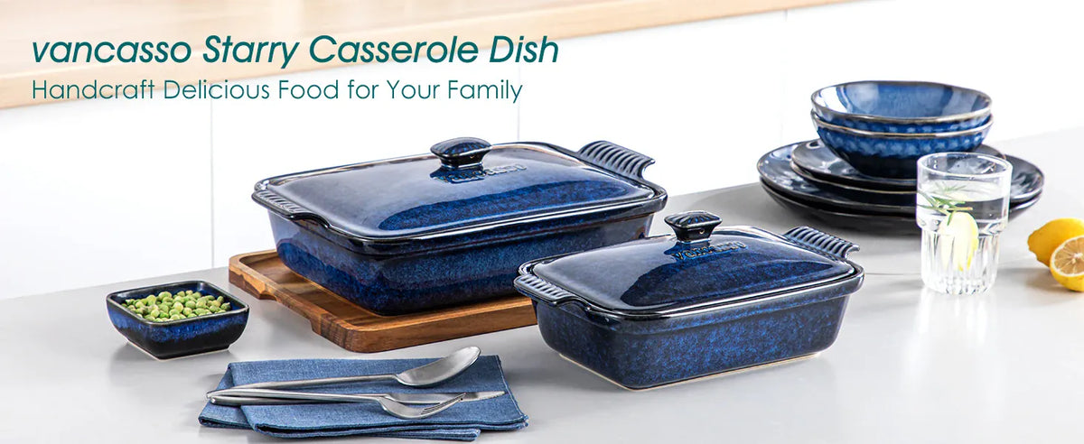 Essentials House Starry 3.8/1.9 Quart Blue Casserole Baking Dish large lasagna pan with lid Stoneware casserole with lid