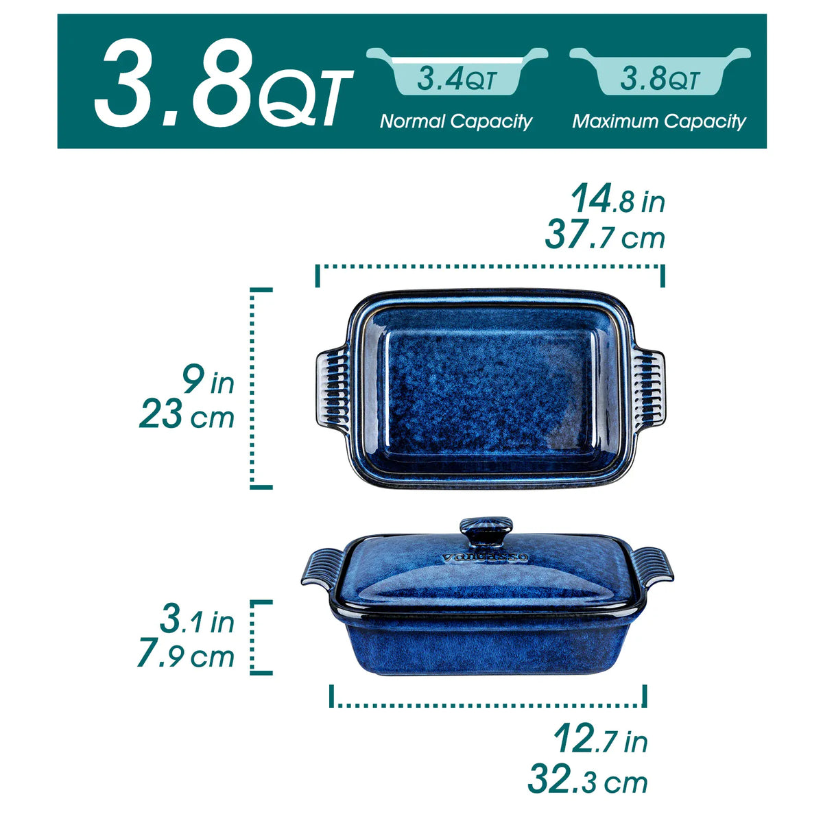 Essentials House 3.8 QT 9x13 Inch / UNITED KINGDOM Starry 3.8/1.9 Quart Blue Casserole Baking Dish large lasagna pan with lid