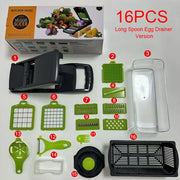 Supplier layout of the 16-piece grey and green vegetable chopper kit