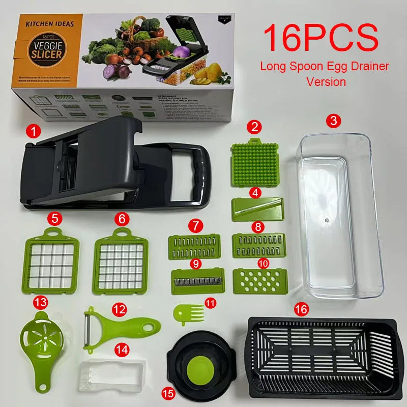 Supplier layout of the 16-piece grey and green vegetable chopper kit