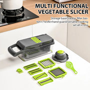 Vegetable chopper with container, hand guard, interchangeable blades and accessories