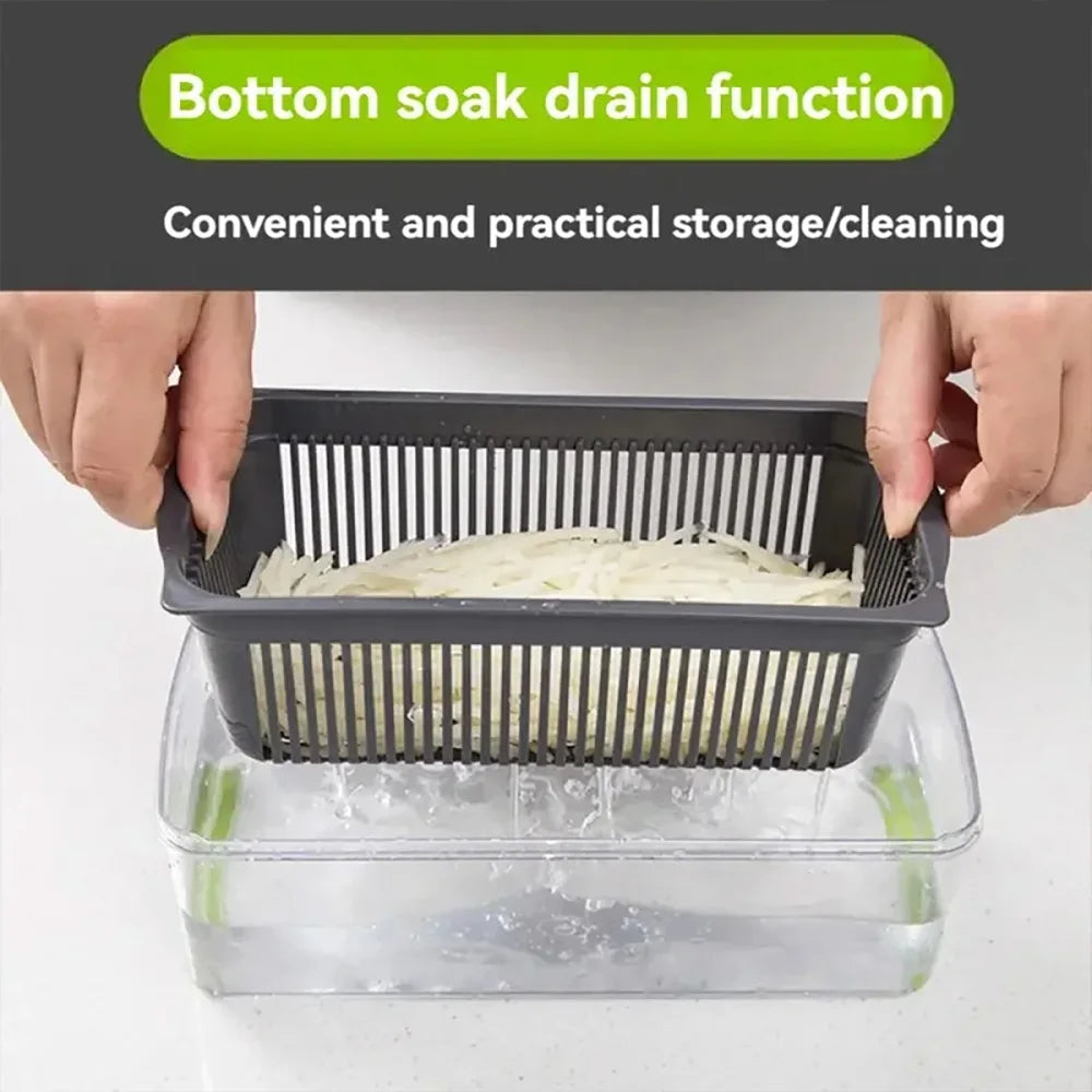 Removable draining basket lifted from the vegetable chopper collection container