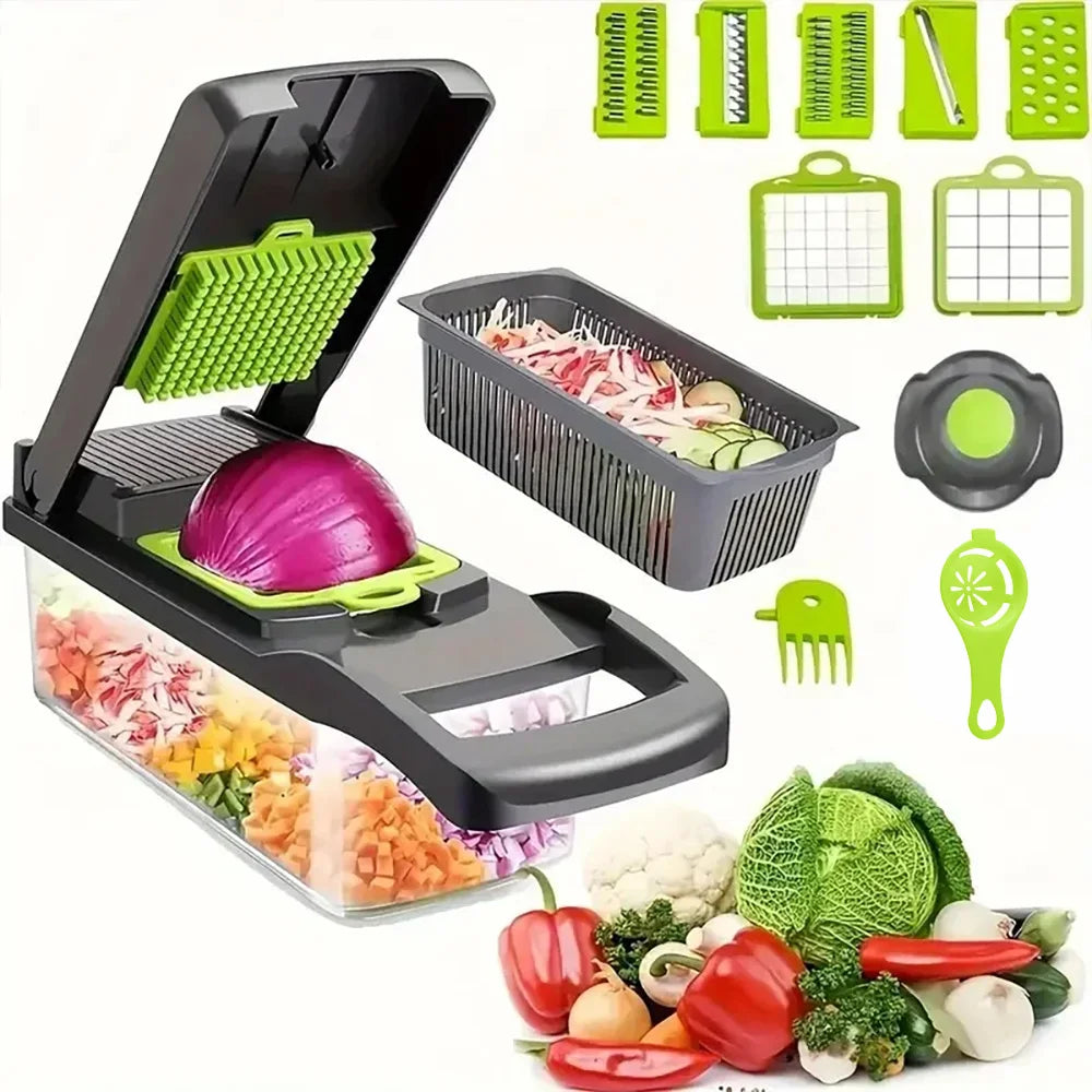 Grey and green vegetable chopper set with draining basket, hand guard and attachments