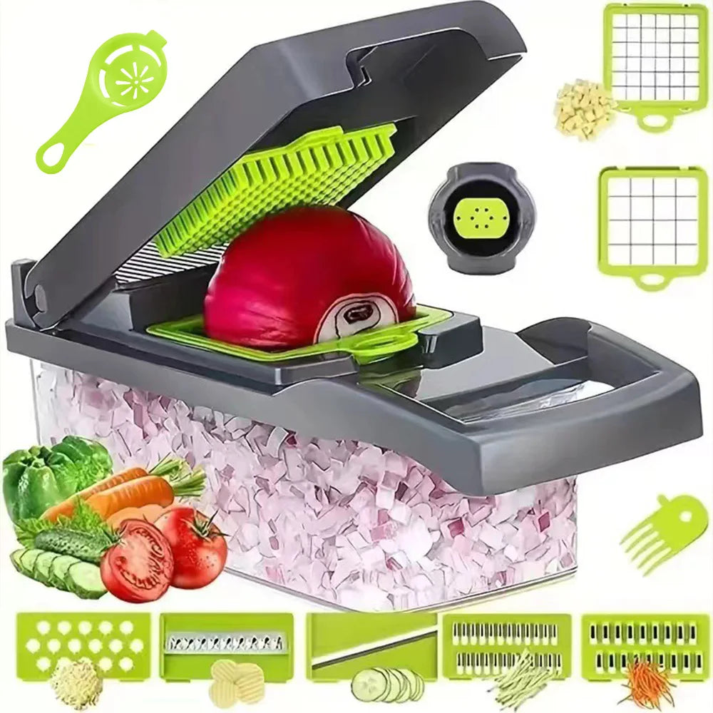 Vegetable chopper with interchangeable slicing, grating and dicing attachments