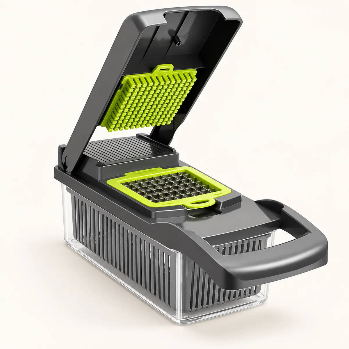 Grey and green vegetable chopper with container and draining basket on an off-white background with a soft natural shadow