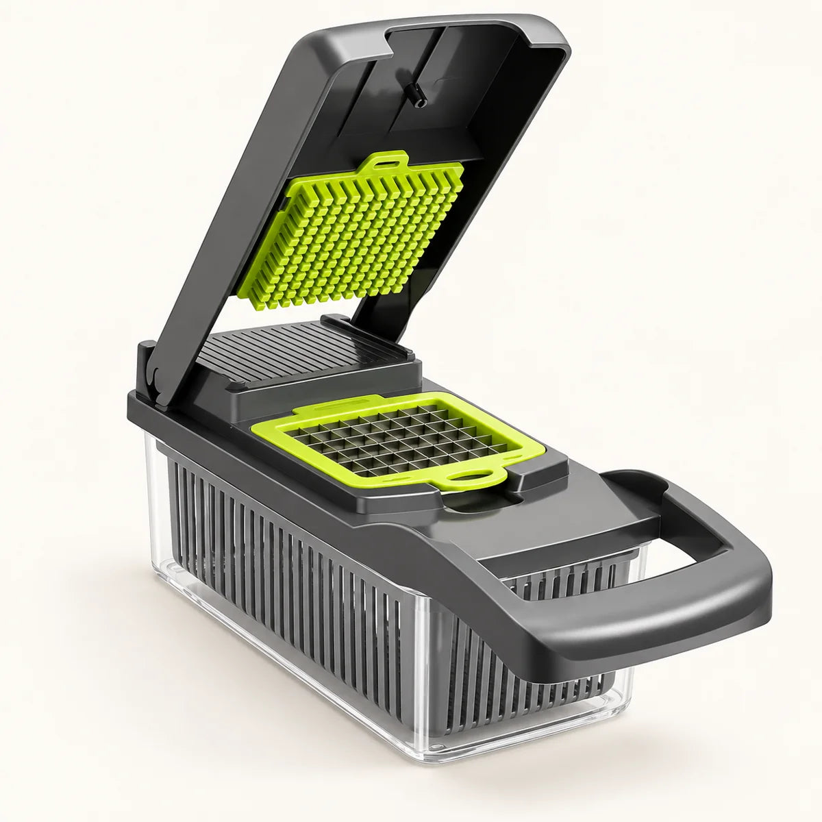 Grey and green vegetable chopper with container and draining basket on an off-white background with a soft natural shadow