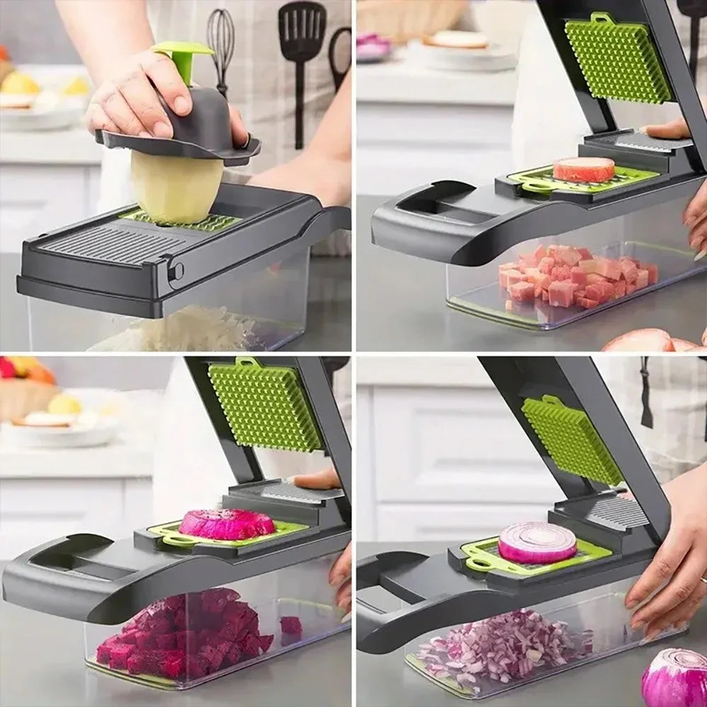 Four views showing vegetable slicing and press-down dicing with the chopper