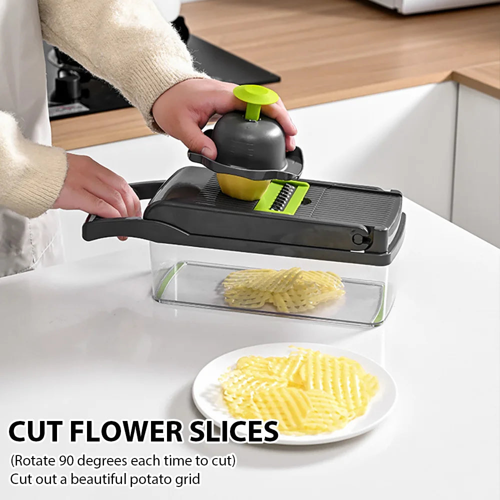 Hand guard used with the wave-cut attachment to prepare waffle-cut potato slices