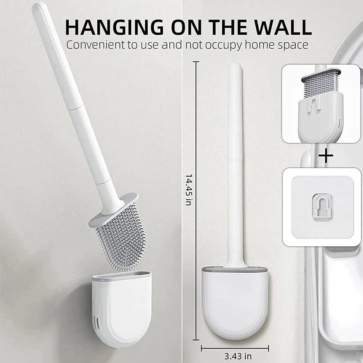 Dimensions and wall mounting of the white toilet brush set