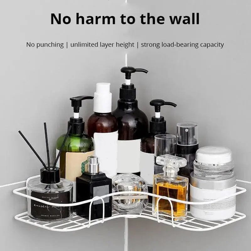 White corner shelf holding bottles without drilling