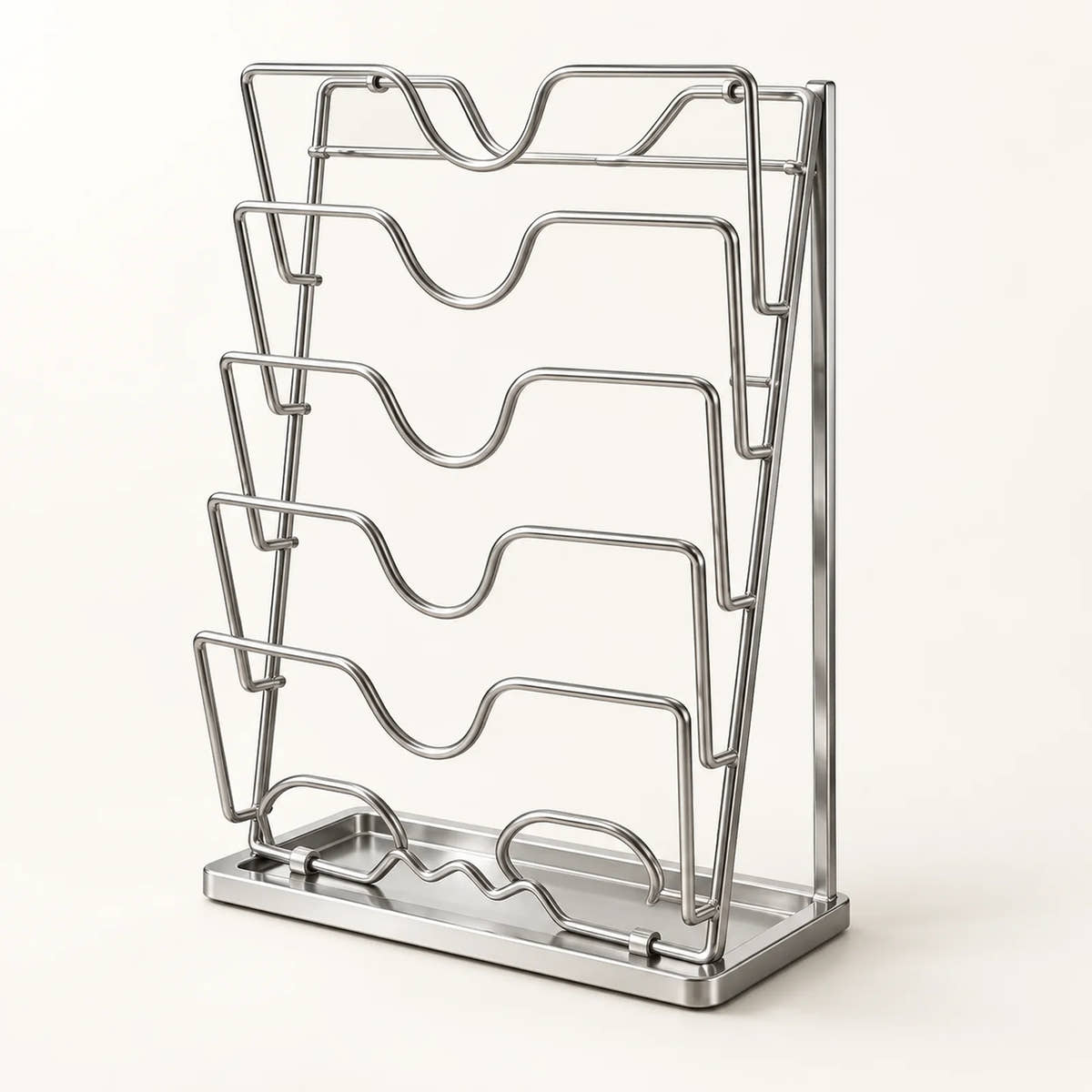 5-Tier Wall-Mount Pot Lid Rack on a warm off-white background with a soft natural shadow.