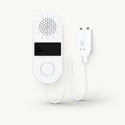 Single white water leak sensor with speaker grille, black panel and attached wired probe on an off-white background.