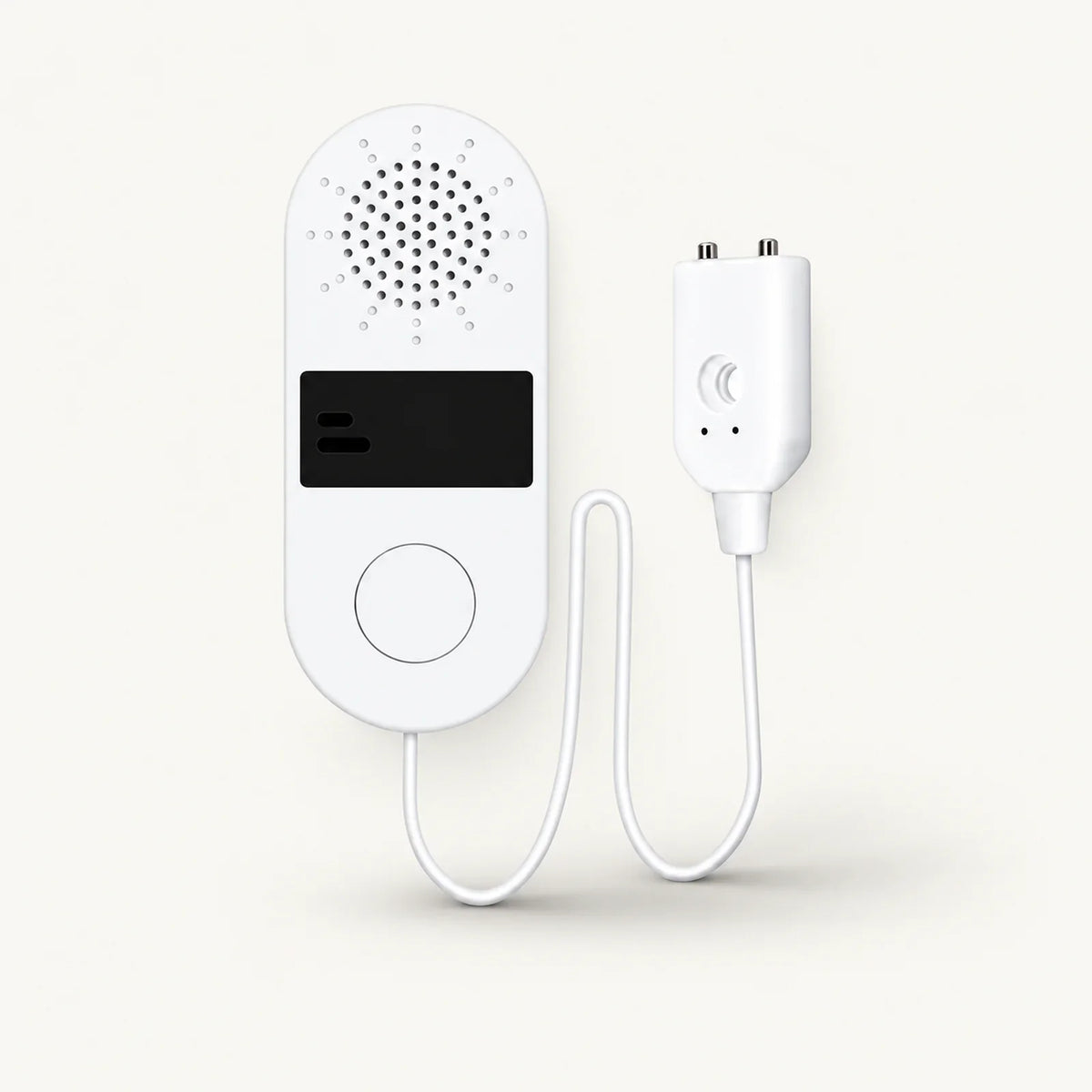 Single white water leak sensor with speaker grille, black panel and attached wired probe on an off-white background.
