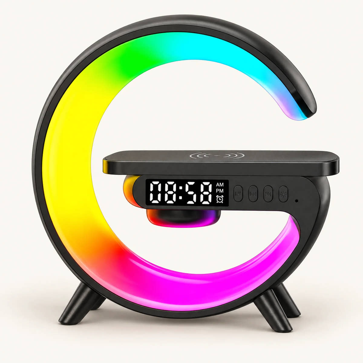 Black G-shaped RGB charging stand with digital clock
