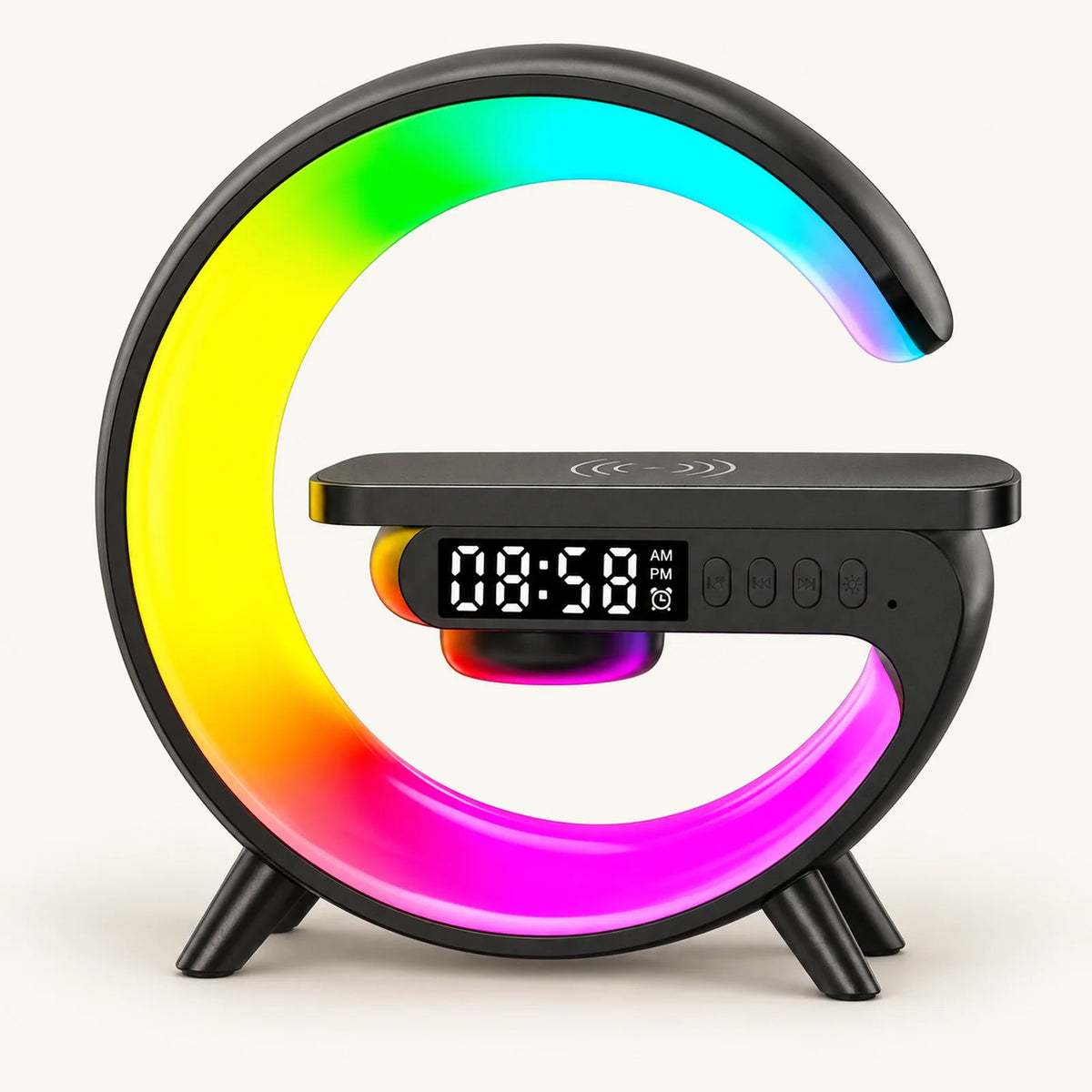 Black G-shaped RGB charging stand with digital clock