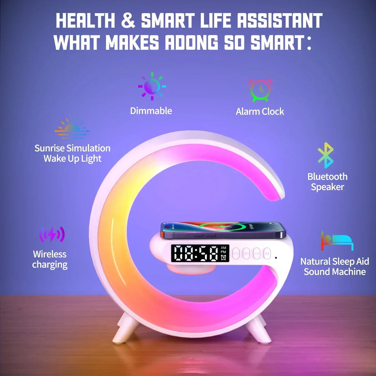 Wireless charging stand with RGB ring light, alarm clock and Bluetooth speaker