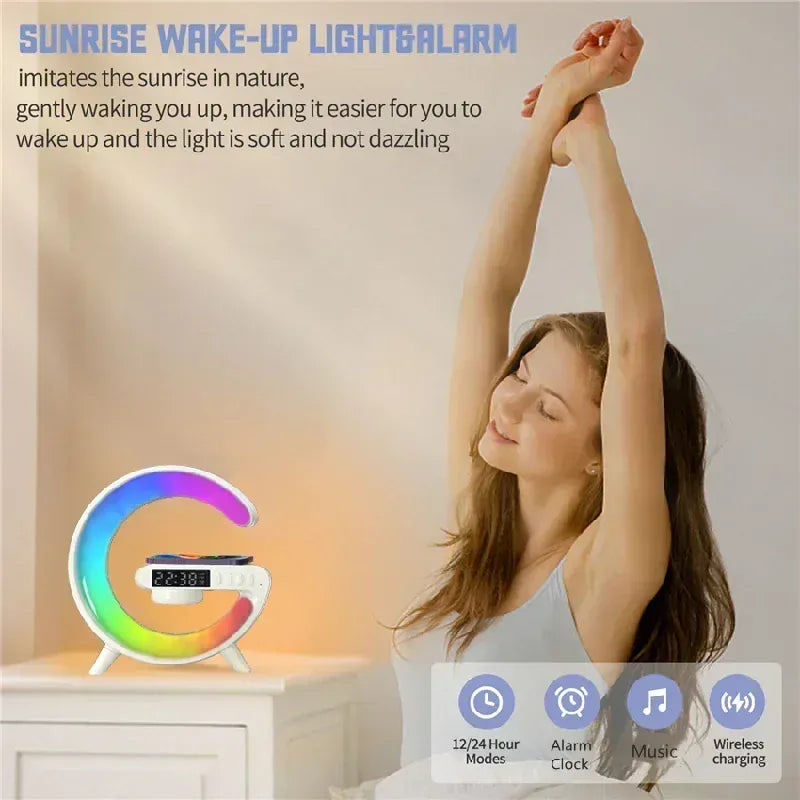 Wireless charging stand with RGB ring light, alarm clock and Bluetooth speaker