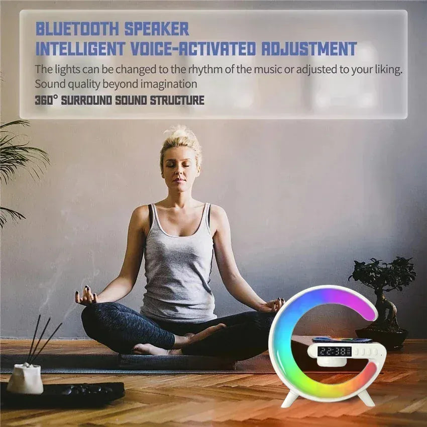 Wireless charging stand with RGB ring light, alarm clock and Bluetooth speaker