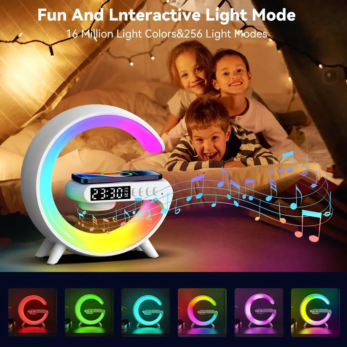 Wireless charging stand with RGB ring light, alarm clock and Bluetooth speaker