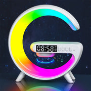 White wireless charging stand with RGB ring light, alarm clock display and Bluetooth speaker