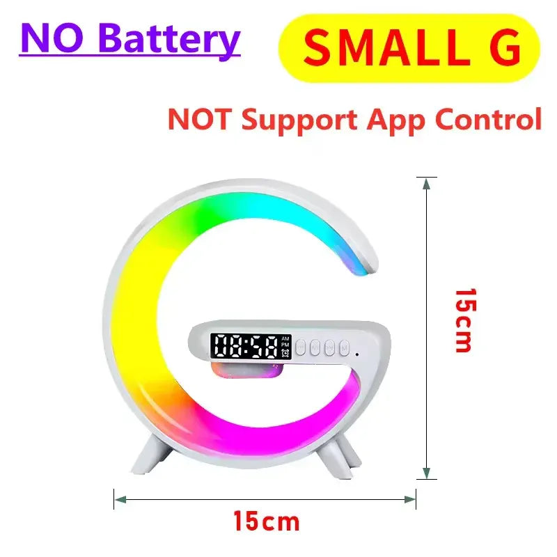 White wireless charging stand, no-battery version, showing the RGB ring light and clock display