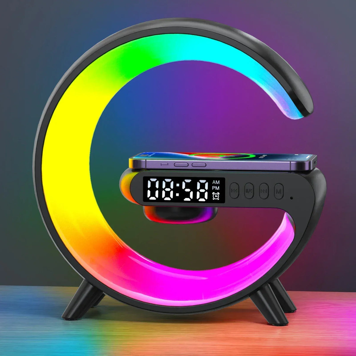 Black wireless charging stand with RGB ring light, alarm clock display and Bluetooth speaker