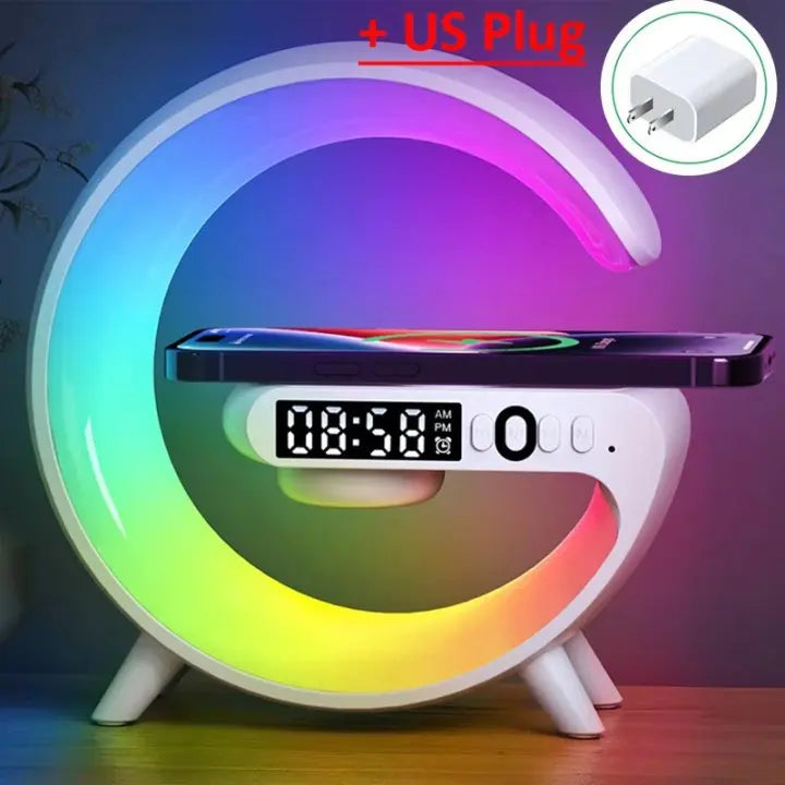 White wireless charging stand supplied with a US plug adapter