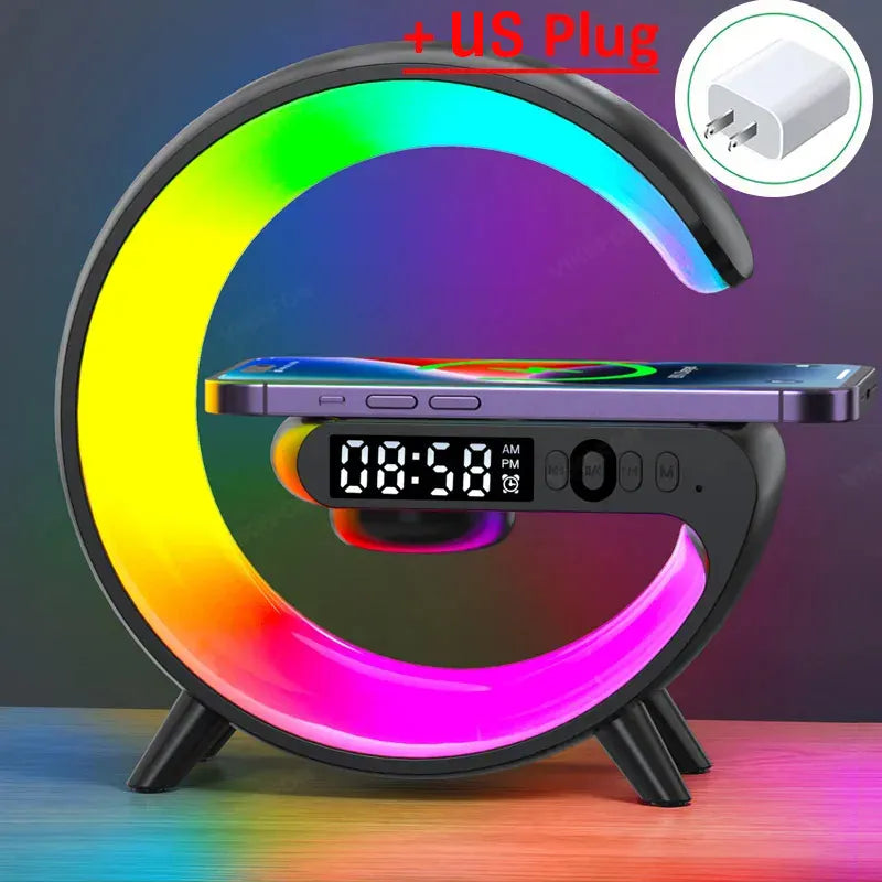 Black wireless charging stand supplied with a US plug adapter