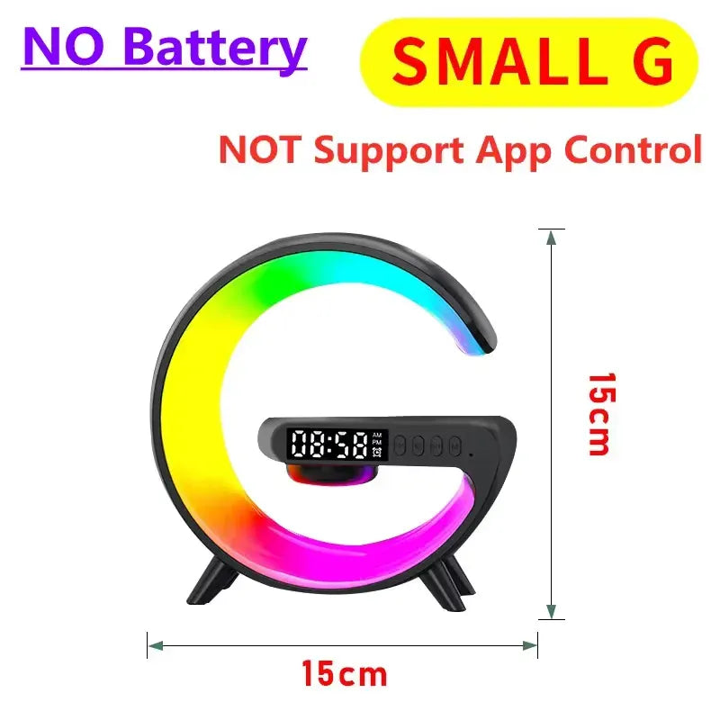 Black wireless charging stand, no-battery version, showing the RGB ring light and clock display
