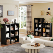 Black cube storage bookcase used as a living-room divider