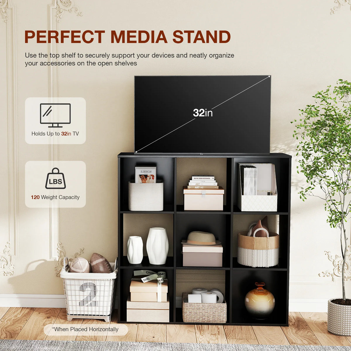 Cube storage bookcase arranged below a 32-inch television