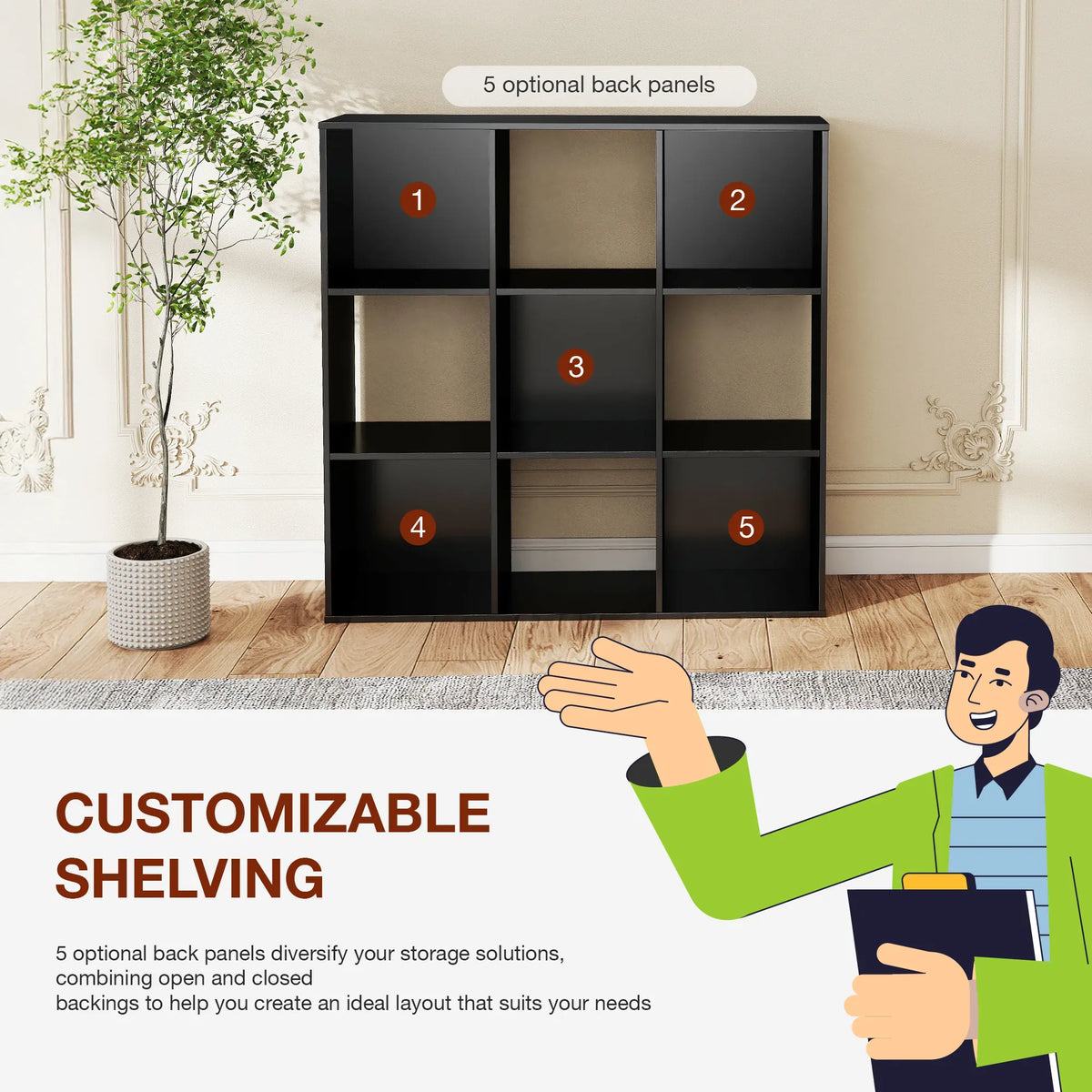 Customizable black cube shelving in a home interior