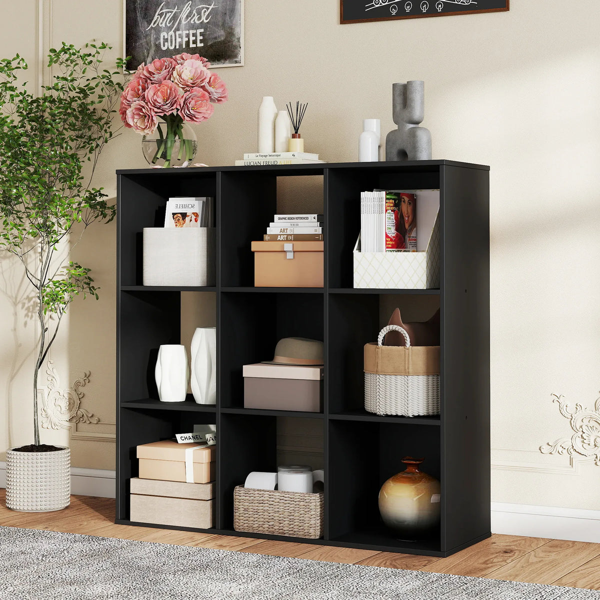 Wooden cube storage bookcase with open compartments